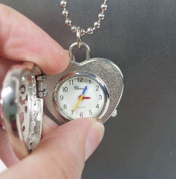 Heart Filigree Rhinestone SilvertoneWatch Necklace - Picture 6 of 7